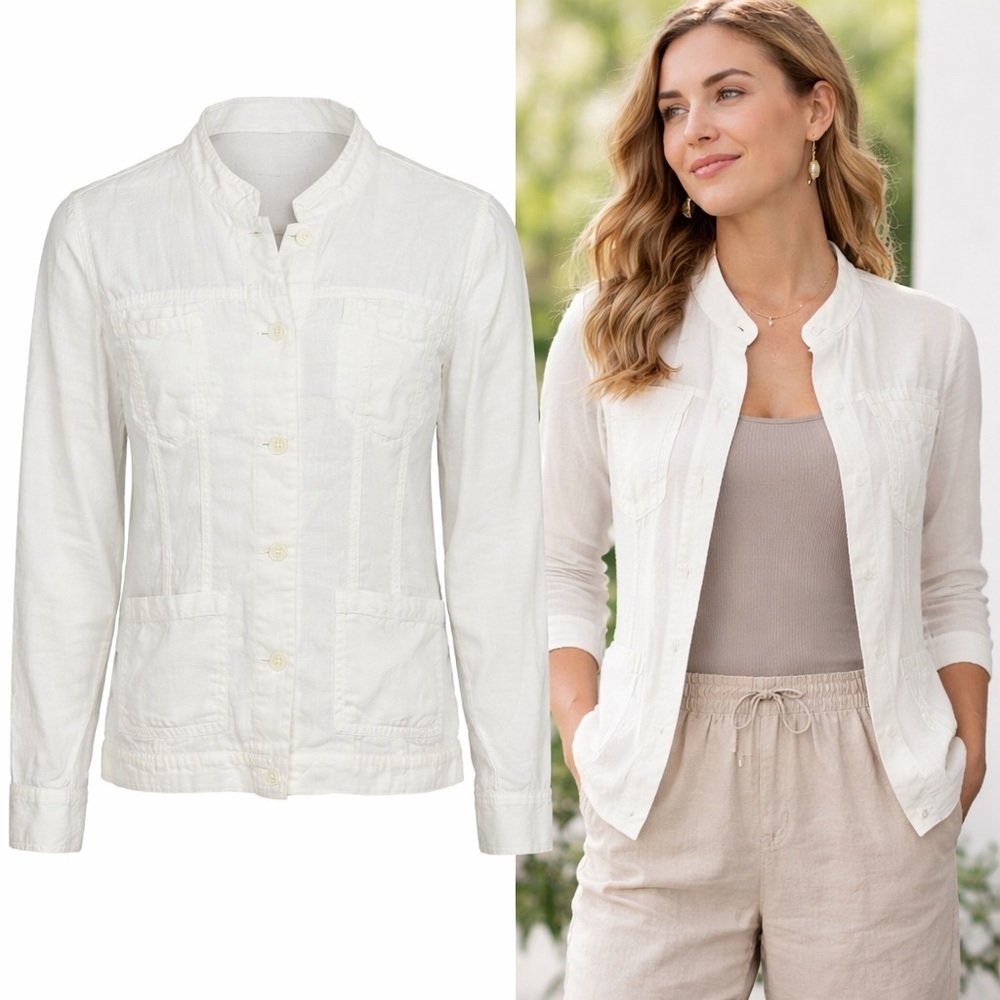 Eileen Fisher | White 100% Linen Button Front Jacket | Lightweight Minimal